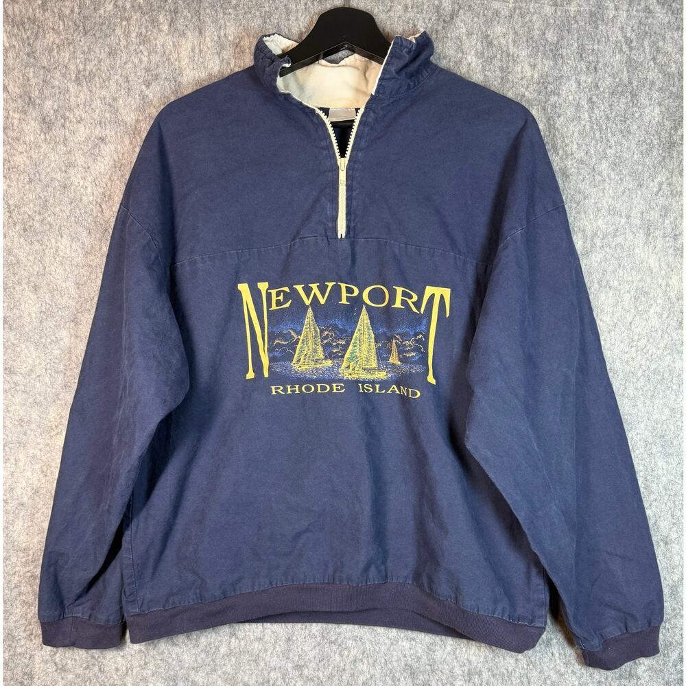 Vintage Newport Rhode Island 1/4 Zip Cotton Made In USA Blue Pullover - Large